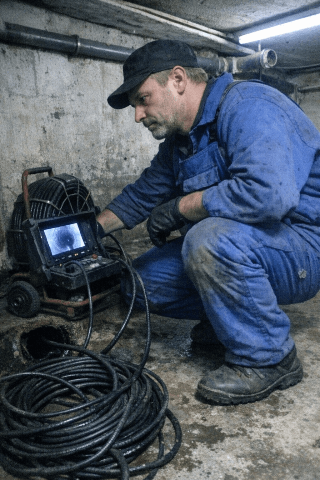 Fachmann für professionelle Kanalrohrsanierung bei der Arbeit mit Spezialkamera und Schutzkleidung